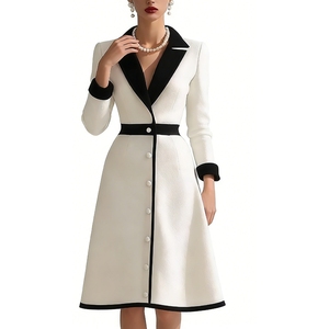 ชุดเดรสสีขาว & ดำของผู้หญิง, ชุดเดรสยาวคลุมเข่าแขนยาวแบบทางการมีเข็มขัดแฟชั่น - Product Image 2