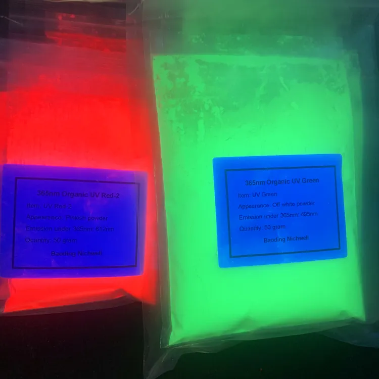 365nm pigment fluorescent uv rouge vert jaune bleu poudre de pigment fluorescent invisible Uv poudre UV fluorescente