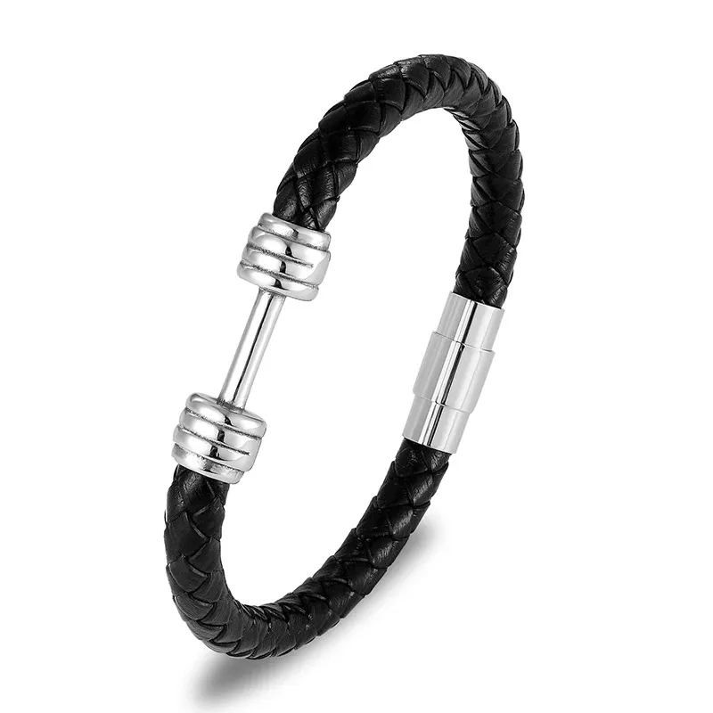 Handmade Braided Bracelet Handmade Braided Black Leather Bracelet Metallic Silver Charms Men Bracelets