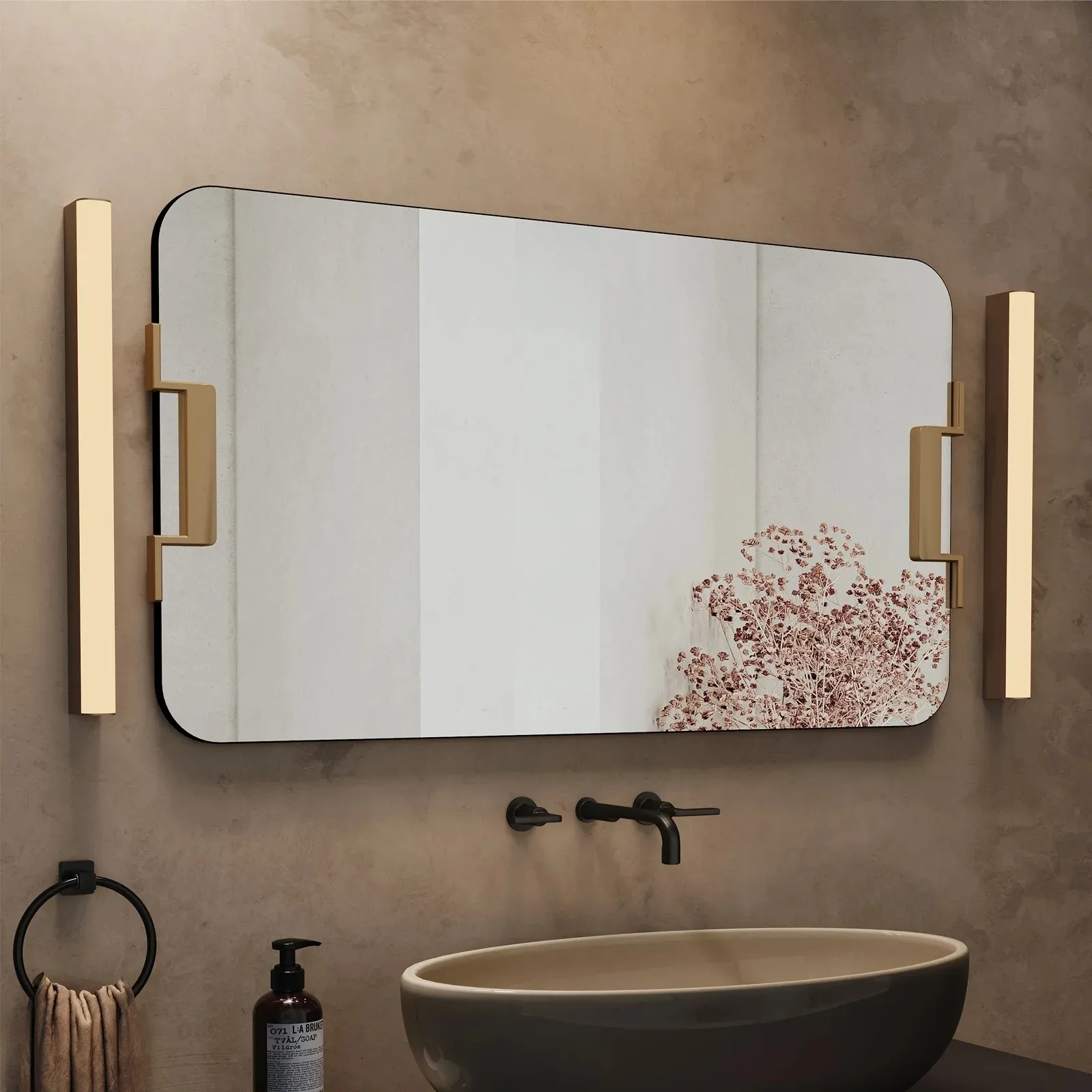Custom Hotel Design Frameloze Rechthoekige Wandspiegel Met Goud Geborsteld Metalen Decor Hotel Badkamer Spiegel