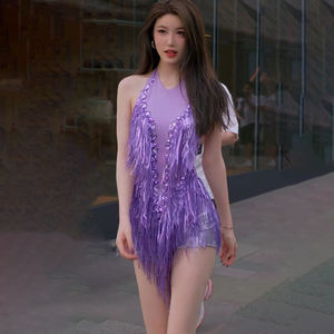 Productos más vendidos borla vestido de baile latino niñas Tanga sexy mujeres mono sin mangas para club nocturno - Product Image 1