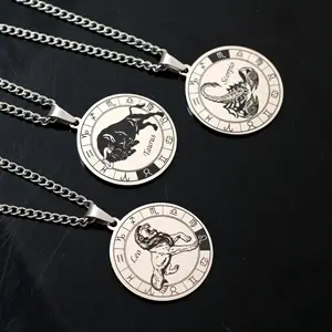 Atacado Aço Inoxidável Horóscopo 12 Zodiac Sign Lion Animal Round Coin Disk Pingente para Homens colar
