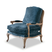 Meistverkaufter Rustikaler Französischer Landhausstil Massivholz Freizeitsessel Natürlicher Rattan-Rücken Leinen Chaiselongue Gepolstert Wohnzimmer