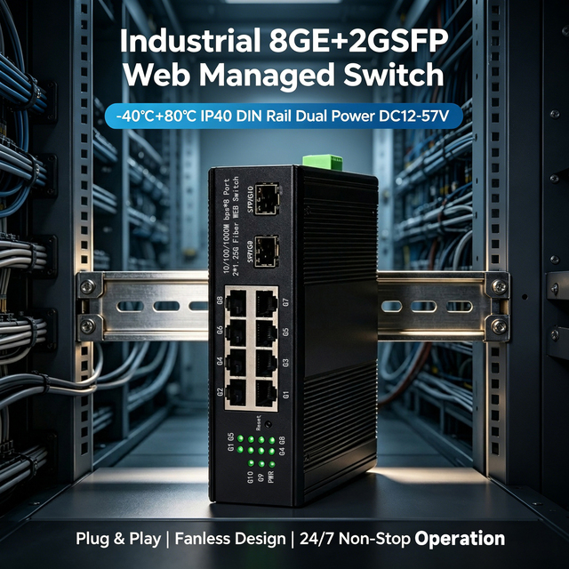 Industrial 8 Port Gigabit 2 SFP Web Managed Switch DIN Rail 8 Port Ethernet Switch WEB Management Ring Network STP RSTP VLAN QoS
