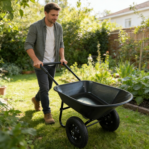 Brouette en plastique polyéthylène de 65 L avec cadre séparé à 2 roues, emballée dans une boîte pour une utilisation en jardin, en cour et en construction, provenant d'un fabricant OEM - Product Image 1