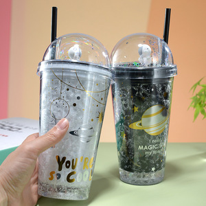 Astronaut Plastic <b>Straw</b> <b>Cup</b> Double Walled With <b>Lid</b> <b>And</b> <b>Straw</b> For Summer Party Drinkware Gray Black White Dark Purple - Product Image 3