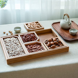 Scatola Porta Snack e Frutta Secca di Grado Alimentare, Vassoio Multifunzionale in Bambù con Divisori <span class=keywords><strong>per</strong></span> Casa da Tè e Hotel - Product Image 1