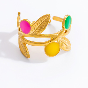 European Style <b>Open</b> Leaf <b>Ring</b> For Women Stainless Steel 18K Gold Plated Colorful Enamel Jewelry Gift Fashion <b>Rings</b> - Product Image 5