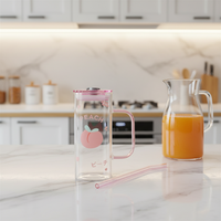 Gobelet en verre borosilicate 12oz avec poignée rose et paille, motif fruits, pour la maison et le bureau