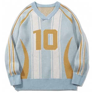 Suéter de invierno con cuello en V y logotipo personalizado para hombre, Jersey de punto Jacquard de ganchillo con logotipo frontal, diseño de letras de algodón - Product Image 3