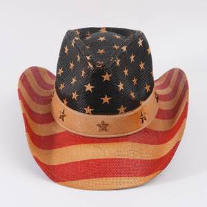 Moda de alta calidad de paja de papel al por mayor sombrero de vaquero de ala ancha con forma de ala ancha Bandera de EE. UU. Stipple impreso adultos sombreros de sol - Product Image 3
