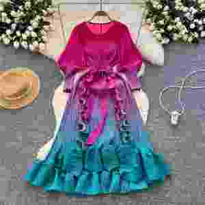 Robe midi plissée à col en V pour femme, style tunique, avec manches lanternes, coupe empire, dégradé et dentelle à volants - Product Image 1