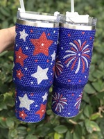 Tumbler Vakum Isolasi Stainless Steel 40oz Desain Berlian Bendera Amerika, Kembang Api, Batu Rhinestone, Petasan Patriotik