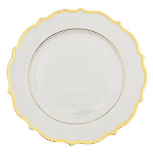 Customize shiny gold rim white wavy dinner plates irregular shape dish and plate dinner set bone china plates