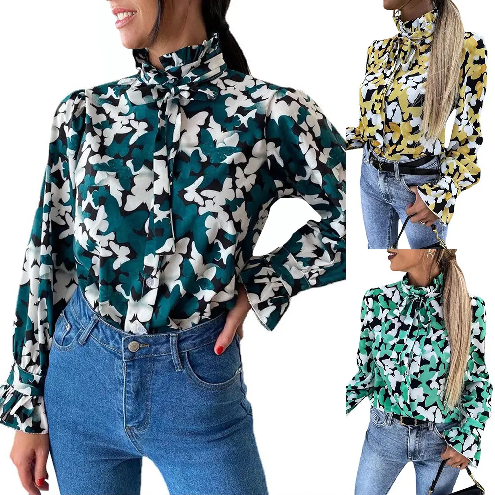 2022 spring and summer new Ouze European and American fashion butterfly print long-sleeved loose casual shirt