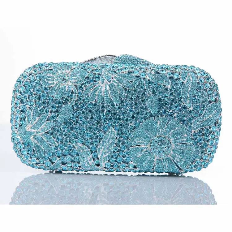 Hollow out lake blue color crystal purse diamond stones clutch bag