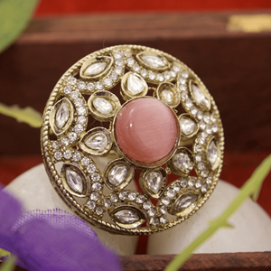 Bague ronde en pierre rose Kundan plaquée or, imitation charme, ajustable, tendance, bijoux ethniques pour femmes - Product Image 1