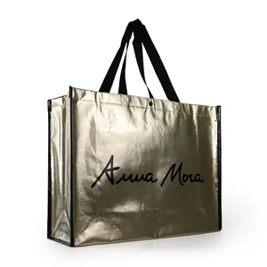 Shopping Bags Laminated Custom Logo Printed Non-Woven Tote Shopping Bag Holographic Metallic Laminated Gift Bag Gusset Promotional Eco-Friendly PP