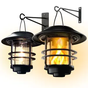 Lot de 2 lampes murales solaires étanches pour l'extérieur Lanterne solaire suspendue en verre Lampe à flamme