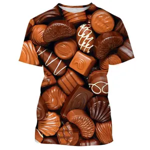 Fitspi Camiseta de manga curta com estampa 3D para homens, camiseta de manga curta com estampa de chocolate e lanches engraçados, camiseta de verão grande, estampa de rua