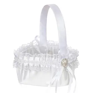 AYOYO OEM Wedding flower basket Large Satin white Basket Elegant Flower Girl Heart-shaped Basket