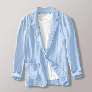 Blazer en lin et coton bleu clair pour homme, simple boutonnage, col à revers, respirant, veste de costume décontractée, longueur standard, tissu tissé - Product Image 3