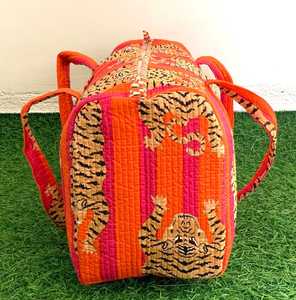 Bohemian Cotton Tiger Print Cotton Duffle Bag Quilted Panelled Design zipper open Top For Women Shopping All Seasons - Product Image 5