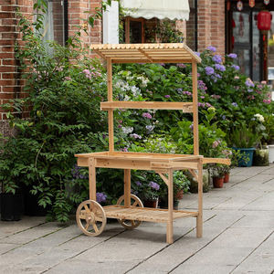 Supports de plantes en bois avec roues pour affichage décoratif Chariot en bois à 2 roues avec étagères pour plantes Chariot de présentoir en bois massif - Product Image 3