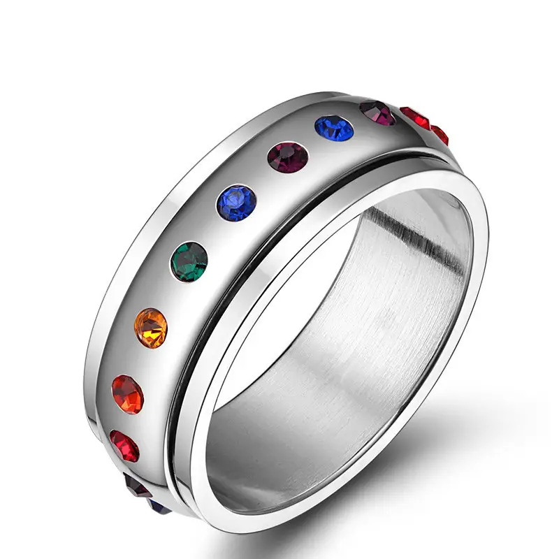 Beliebter bunter Zirkonia-Ring Edelstahl Silberplattiert drehbar LGBT Regenbogen Farbe Zirkon Ringe für Damen