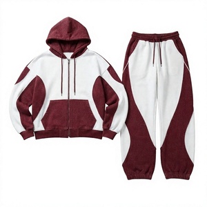 Conjunto Deportivo de Dos Piezas para Mujer, Sudadera con Capucha y Cremallera Color Crema Borgoña, Pantalones Jogger, Ropa Deportiva Informal - Product Image 1