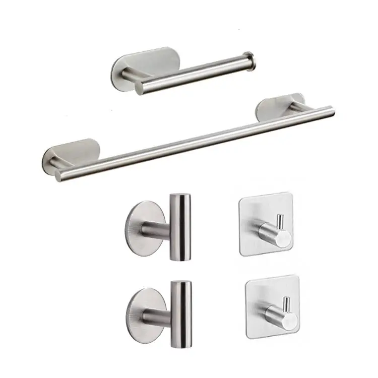 6 cái phòng tắm phần cứng Set thép không gỉ chủ đường sắt khăn Robe Hook giữ giấy dính phụ kiện phòng tắm