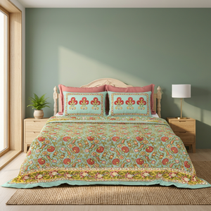 <b>King</b> <b>Size</b> Screen Print Cotton Bedsheet Set White Floral <b>Bedding</b> with 2 Pillow Covers Handmade Jaipur Linen - Product Image 2