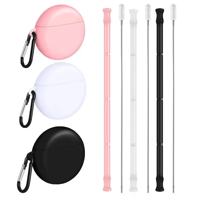 Portable Foldable Eco Friendly Reusable Silicone Drinking Multicolor Straws With Brush And Case