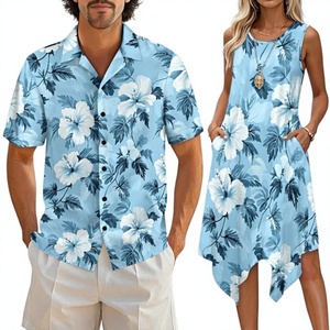 Luxury Couple Summer Outfit Floral Pattern <b>Shirt</b> And Sleeveless Dress Matching Set For Vacation <b>Beach</b> Wear - Product Image 1