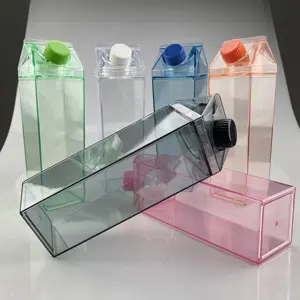 500ml 1000ml BPA 17oz free Plastic Clear Pink Transparent Colored Acrylic Milk Box Carton Shaped Water Bottle