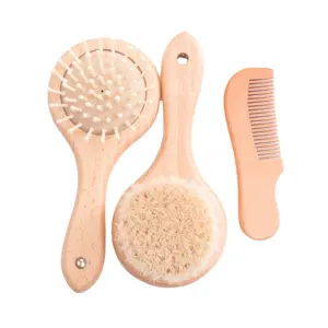 Juego de Peine y cepillo de pelo para bebé, 3 piezas de madera Natural para recién nacidos, cepillo de pelo suave