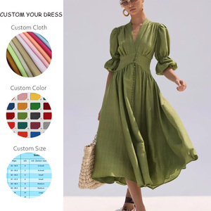 <span class=keywords><strong>Robe</strong></span> longue d'été Vintage personnalisée pour femmes 100% lin pur A-ligne col en V demi-manches courtes bouffantes solide fente bouton de couleur verte - Product Image 2