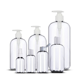 Wholesale 60ml 120ml 240ml 350ml 500ml 1000ml PET Transparent Round Plastic Boston Bottles with Pump for Hand Soap Shampoo