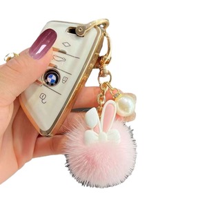 Porte-clés mignon avec oreilles de lapin en perles, pompon en fausse fourrure moelleuse, pendentif pour femme, porte-clés avec oreilles de lapin et pompon - Product Image 6
