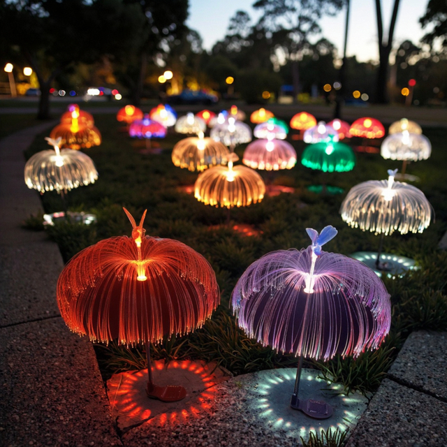 Solar Powered LED Fiber Optic Garden Lawn Lights Water-Proof Bee Jellyfish Inspired IP65 Rating Adjustable Color Temp