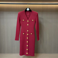 Robes midi en maille pour femmes, col en V, manches longues, simples, unies, de haute qualité, à boutonnage simple, pour le quotidien
