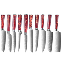 Couteau de chef japonais en acier inoxydable Damas, trois pièces, pour gaucher, jetable, fait main, manche en résine rouge, tranchant, laser