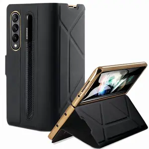 Magnetische Flip-Hülle aus Leder für Samsung Galaxy Z Fold 5 mit vorderer Schutzhülle aus gehärtetem Glas Faltbare 4-fach 3 2 Stifts chlitz hülle