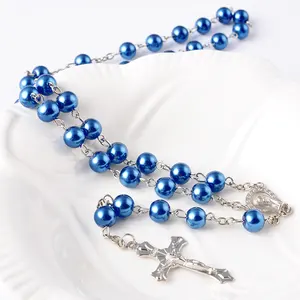 JC crystal Wholesale Silver Cross 8mm Glass Pearl Prayer Beads Necklace Rosary