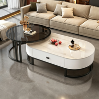 Table basse ovale moderne de luxe léger, plateau en pierre frittée avec tiroirs de rangement pour salon