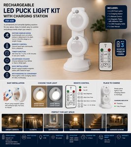 Kit de 4 Lámparas LED con Sensor Recargables con Control Remoto y Estación de Carga, Clasificación IP44, 45 Lúmenes, 2700K Blanco Cálido - Product Image 2