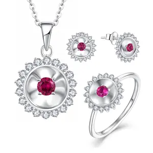 Conjunto de tres piezas de plata de ley 925, joyas de rubí rojo, conjunto de joyas de compromiso, collar, pendientes, conjunto de anillos