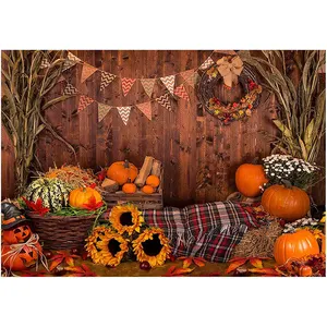Autunno Halloween sfondo per fotografia paraurti raccolto zucche foglie d'acero Vintage muro di mattoni foto sfondo Photocall