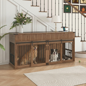Furniture Style Double Dog <b>Crate</b> 71'' Walnut Woodgrain Top 3 Drawers Large Kennel Pet Furniture - Product Image 3