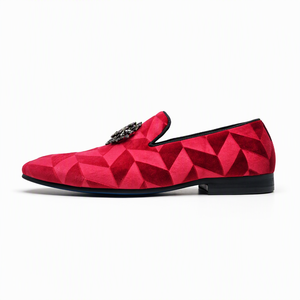 Mocassins en velours rouge pour hommes, chaussures habillées à enfiler, bout rond, boucle à perles noires, respirants, pour le bureau, les mariages et les soirées - Product Image 1